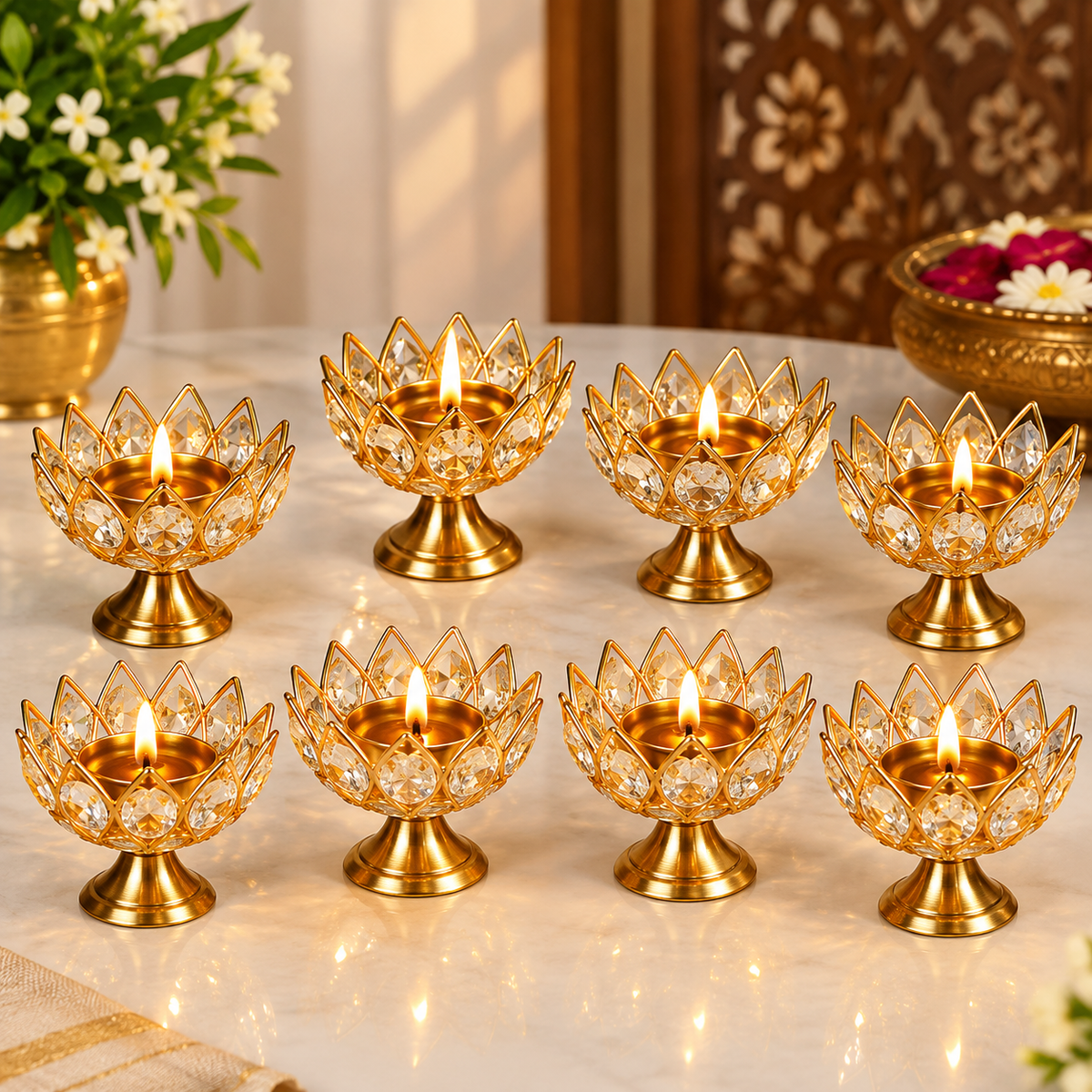 GoldPetal Crystal Diya — 10 Piece Set