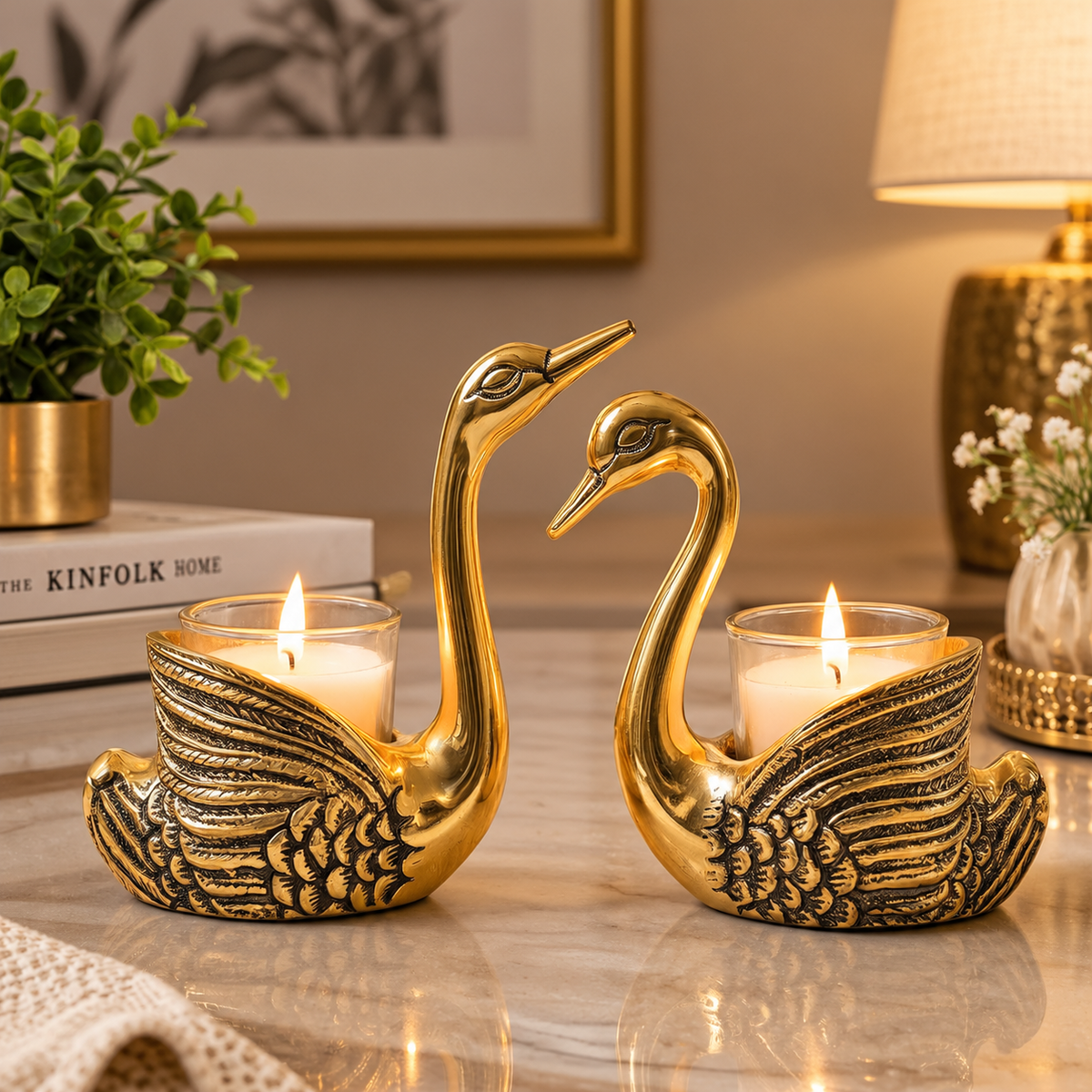 Golden Swan Candle Pair of 2